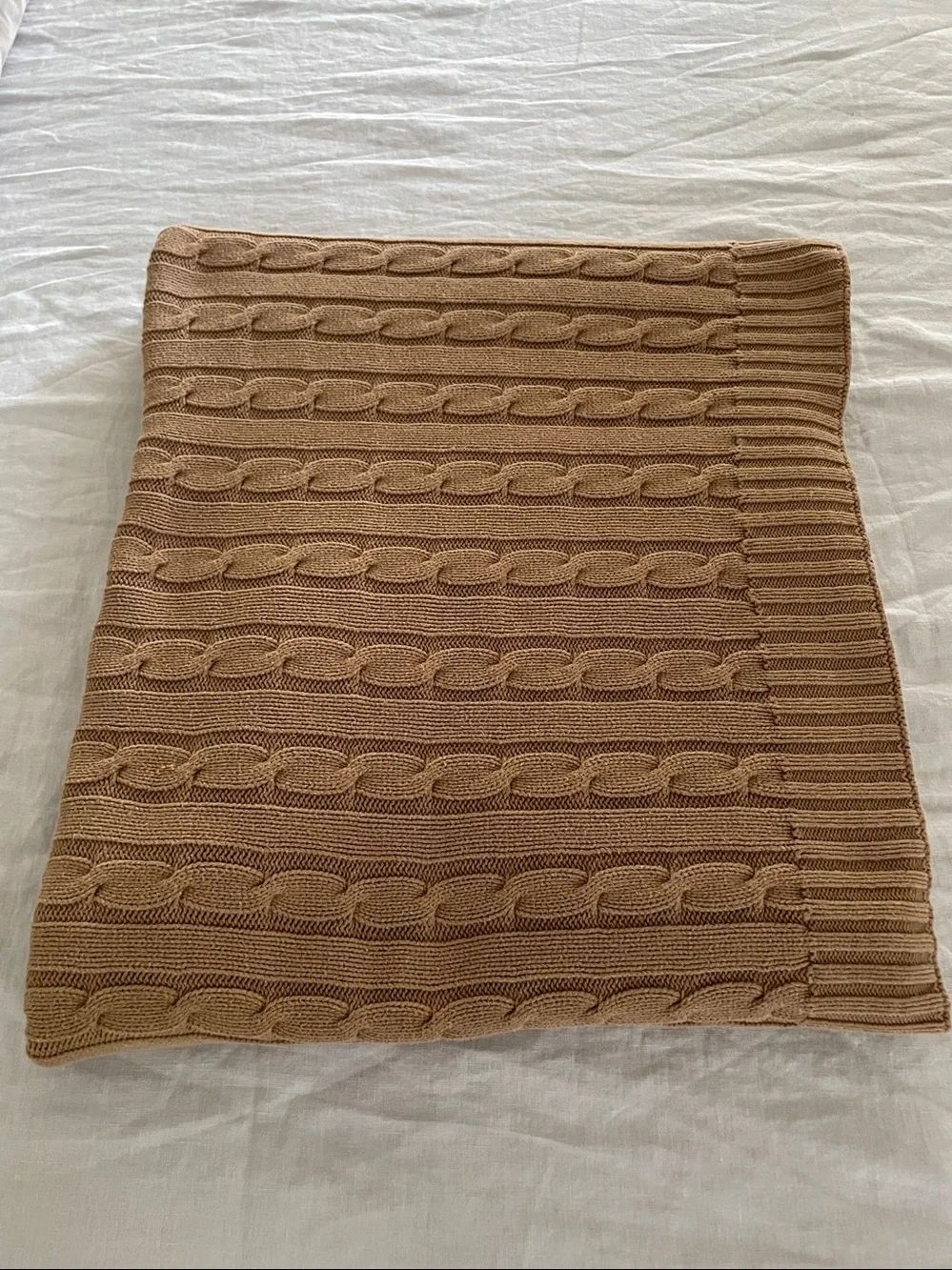 Ralph Lauren cable knit wrap blanket throw cotton camel beige 54 x 72”